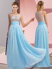 Aqua Blue Empire Beading Prom Gown Side Zipper Chiffon Sleeveless Floor Length