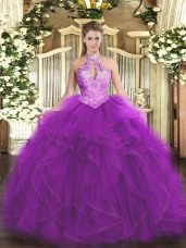 Best Purple Sweet 16 Quinceanera Dress Military Ball and Sweet 16 and Quinceanera with Ruffles and Sequins Halter Top Sleeveless Lace Up