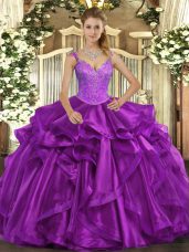 Glittering Floor Length Purple Sweet 16 Dress Organza Sleeveless Beading and Ruffles