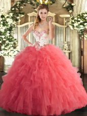 Watermelon Red Ball Gowns Beading and Ruffles 15 Quinceanera Dress Lace Up Tulle Sleeveless Floor Length
