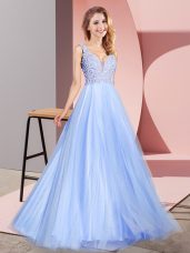 Light Blue Sleeveless Tulle Zipper Party Dress for Prom and Party