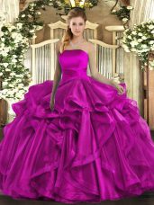 Fuchsia Sweet 16 Dresses Military Ball and Sweet 16 and Quinceanera with Ruffles Strapless Sleeveless Lace Up