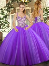 Beauteous Lavender Sleeveless Beading and Appliques Floor Length Sweet 16 Dress