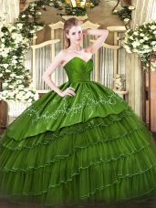 Custom Designed Organza and Taffeta Sweetheart Sleeveless Zipper Embroidery and Ruffled Layers Quinceanera Dress in Green