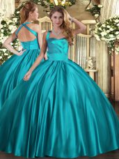 Deluxe Teal Ball Gowns Satin Halter Top Sleeveless Ruching Floor Length Lace Up Little Girl Pageant Gowns