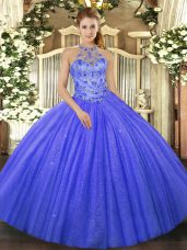 Hot Sale Blue Quinceanera Gowns Military Ball and Sweet 16 and Quinceanera with Beading and Embroidery Halter Top Sleeveless Lace Up