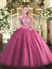 Noble Sleeveless Tulle Floor Length Lace Up Quinceanera Gown in Hot Pink with Lace and Appliques