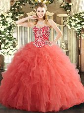 Fabulous Watermelon Red Lace Up Sweetheart Beading and Ruffles Quinceanera Gown Tulle Sleeveless