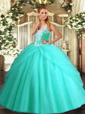 Apple Green Ball Gowns Straps Sleeveless Tulle Floor Length Lace Up Beading and Pick Ups Quinceanera Gown