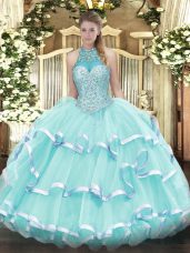 Excellent Apple Green Lace Up Quinceanera Gown Beading and Ruffled Layers Sleeveless Floor Length