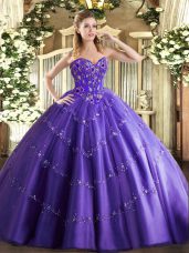 Purple Ball Gowns Tulle Sweetheart Sleeveless Appliques and Embroidery Floor Length Lace Up Quinceanera Dresses