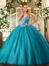 Teal Lace Up Ball Gown Prom Dress Beading Sleeveless Floor Length
