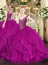 Comfortable Fuchsia Lace Up Quinceanera Dresses Beading and Ruffles Sleeveless Floor Length