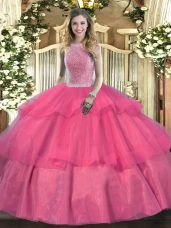 Free and Easy Hot Pink Tulle Lace Up High-neck Sleeveless Floor Length Quinceanera Dress Beading and Ruffled Layers