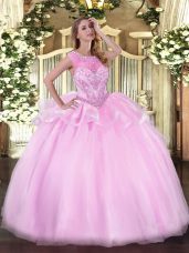 High Quality Sleeveless Organza Floor Length Zipper Quinceanera Dress in Pink with Beading