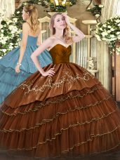 Attractive Sleeveless Floor Length Embroidery and Ruffled Layers Zipper Quinceanera Dress with Brown