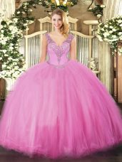 Luxury Rose Pink Lace Up Sweet 16 Quinceanera Dress Beading Sleeveless Floor Length