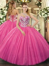 Hot Pink Sweetheart Neckline Beading Ball Gown Prom Dress Sleeveless Lace Up