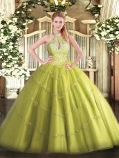 Yellow Green Lace Up Halter Top Beading Quinceanera Dress Tulle Sleeveless