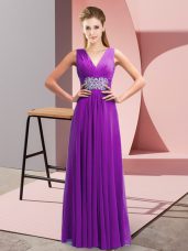 Trendy Purple Chiffon Side Zipper Prom Dresses Sleeveless Floor Length Beading and Ruching