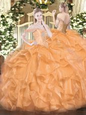 High Quality Floor Length Ball Gowns Sleeveless Orange Quince Ball Gowns Lace Up
