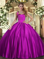 Stylish Satin Halter Top Sleeveless Lace Up Ruching Sweet 16 Quinceanera Dress in Fuchsia