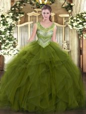 Fashion Olive Green Lace Up Sweet 16 Dresses Beading and Ruffles Sleeveless Floor Length