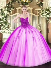 Floor Length Lace Up Sweet 16 Dresses Fuchsia for Military Ball and Sweet 16 and Quinceanera with Beading