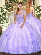 Gorgeous Lavender Tulle Lace Up Strapless Sleeveless Floor Length 15 Quinceanera Dress Appliques and Ruffles