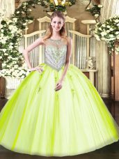 Exquisite Floor Length Yellow Green Quinceanera Dresses Tulle Sleeveless Beading and Appliques