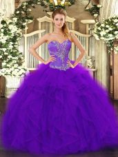 Flare Tulle Sweetheart Sleeveless Lace Up Beading and Ruffles Sweet 16 Dress in Purple
