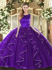 Purple Tulle Lace Up Scoop Sleeveless Floor Length Ball Gown Prom Dress Ruffles