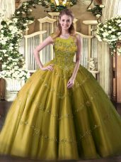 Olive Green Sweet 16 Dress Military Ball and Sweet 16 and Quinceanera with Appliques Scoop Sleeveless Zipper
