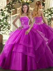 Romantic Floor Length Ball Gowns Sleeveless Fuchsia 15 Quinceanera Dress Lace Up