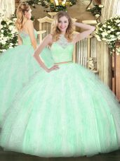 Apple Green Scoop Neckline Lace and Ruffles Quinceanera Gown Sleeveless Zipper