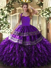 Glamorous Purple Lace Up Halter Top Embroidery and Ruffles Quinceanera Dresses Organza Sleeveless