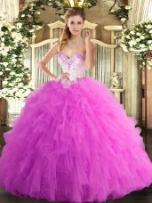 Beauteous Rose Pink Tulle Lace Up Vestidos de Quinceanera Sleeveless Floor Length Beading and Ruffles