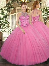 Fantastic Ball Gowns Sweet 16 Quinceanera Dress Rose Pink Halter Top Tulle Sleeveless Floor Length Lace Up