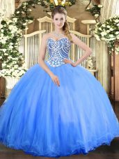Popular Baby Blue Sleeveless Tulle Lace Up Quinceanera Dresses for Military Ball and Sweet 16 and Quinceanera