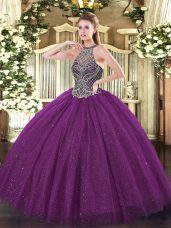 Fancy Eggplant Purple Halter Top Lace Up Beading Sweet 16 Quinceanera Dress Sleeveless
