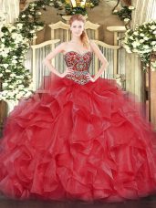 Deluxe Coral Red Organza Lace Up Vestidos de Quinceanera Sleeveless Floor Length Beading
