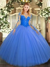 Blue Scoop Lace Up Lace Ball Gown Prom Dress Long Sleeves