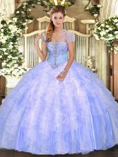 Floor Length Light Blue Quinceanera Gowns Tulle Sleeveless Appliques and Ruffles