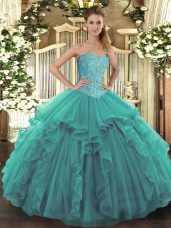 Dynamic Floor Length Lace Up Quinceanera Gown Turquoise for Military Ball and Sweet 16 and Quinceanera with Beading and Ruffles