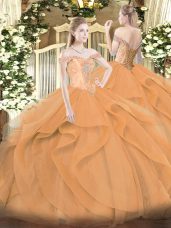 Discount Orange Ball Gowns Tulle Off The Shoulder Sleeveless Beading and Ruffles Floor Length Lace Up Quinceanera Dress