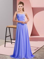 Sumptuous Lavender Prom Evening Gown Prom and Party with Ruching Spaghetti Straps Sleeveless Sweep Train Backless