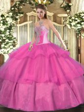 Popular Hot Pink Tulle Lace Up Sweetheart Sleeveless Floor Length Sweet 16 Quinceanera Dress Beading and Ruffled Layers