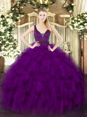 Purple Sleeveless Organza Zipper Quinceanera Dress for Military Ball and Sweet 16 and Quinceanera