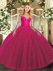 Stylish Tulle Scoop Long Sleeves Lace Up Lace Sweet 16 Quinceanera Dress in Hot Pink