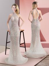 Customized Champagne Party Dresses Tulle Sweep Train Sleeveless Beading